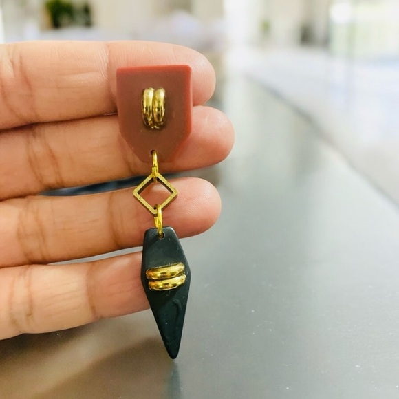 Geometric Shape Brown, Black and Gold dangling Earrings. Dart Shape, lightweight - Picture 4 of 8